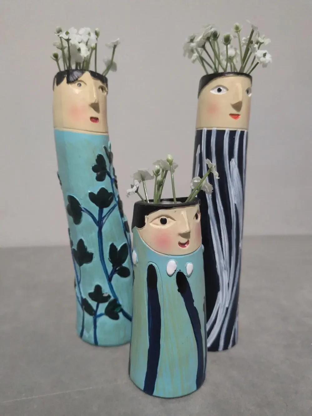 Set of 3 Bohemian Spring Family Resin Face Bud Vases Whimsical Boho Decor
